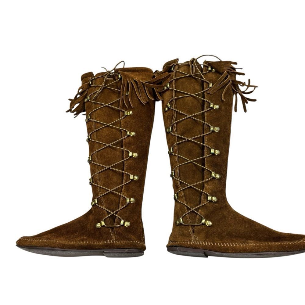 Ladies‎ Vintage Minnetonka Brand High Suede Fringe Lace Up Boots Size 7